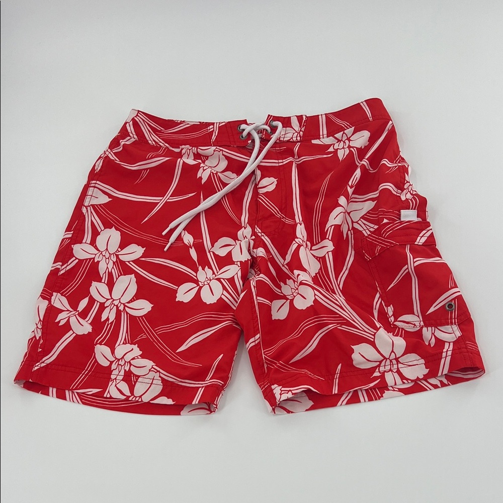 J. Crew Men’s Red White Floral Swim Board Shorts‎ poolside beach resort vacation